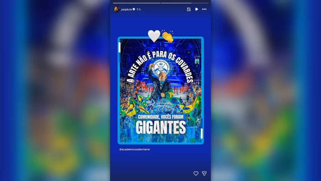 “Arte não é para os covardes”, diz Janja após rebaixamento da Acadêmicos de Niterói