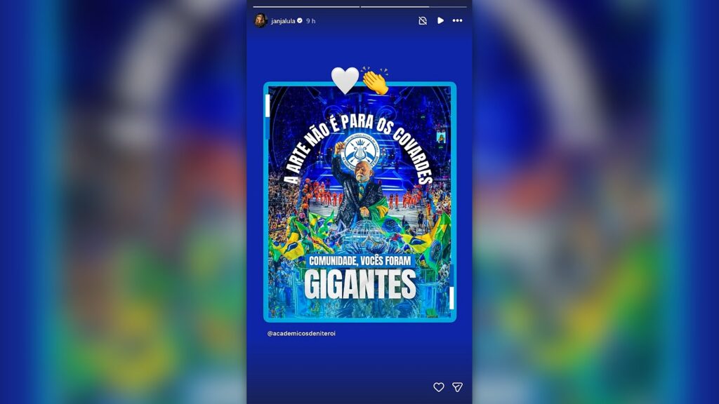 “Arte não é para os covardes”, diz Janja após rebaixamento da Acadêmicos de Niterói