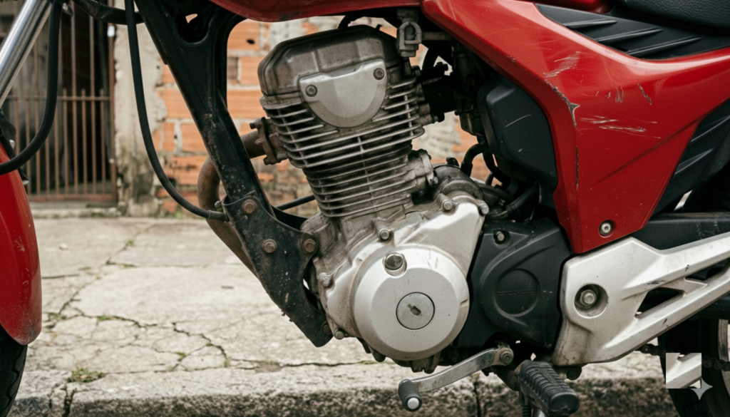 Close-up do motor da Honda CG 160 mostrando o bloco do motor, chassi e lateral da moto, em ambiente urbano simples, com foco na robustez e economia do modelo.