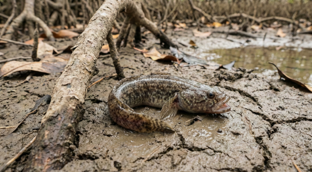 Em terra, ele armazena a água nas suas guelras, conseguindo "respirar" mesmo fora d'água