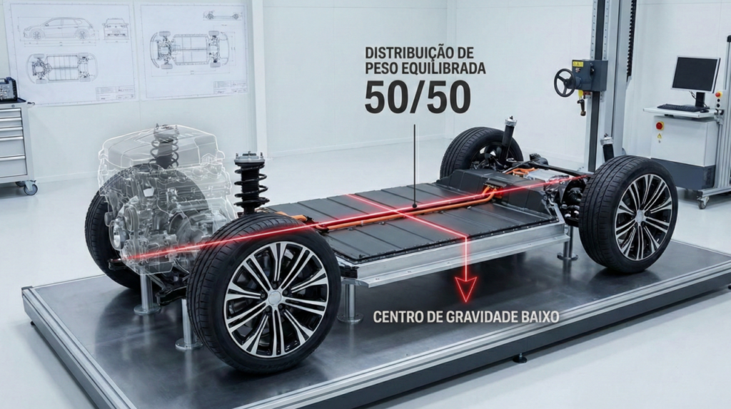O conjunto de baterias do carro elétrico mantém seu centro de gravidade mais estável