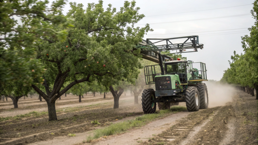 Essa máquina chacoalha a árvore e colhe 300 toneladas de pistache em uma semana