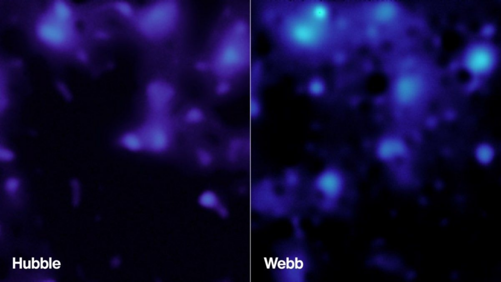 Criada a partir de dados dos telescópios Webb e Hubble, o mapeamento de matéria escura mostra resultados diferentes para o mesmo ponto no céu - NASA/STScI/A. Pagan