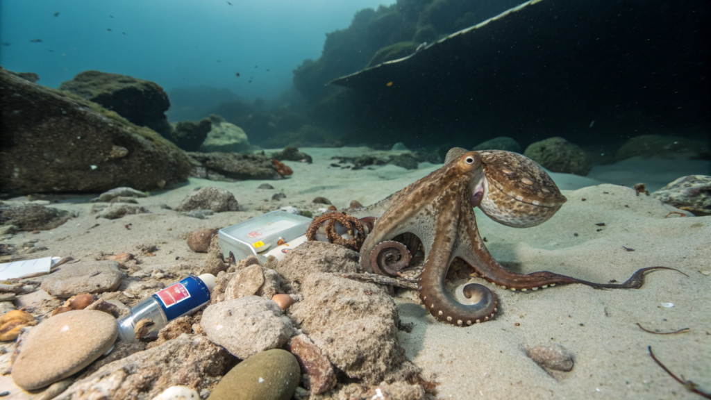 O polvo que usa lixo como ferramenta para sobreviver no fundo do mar
