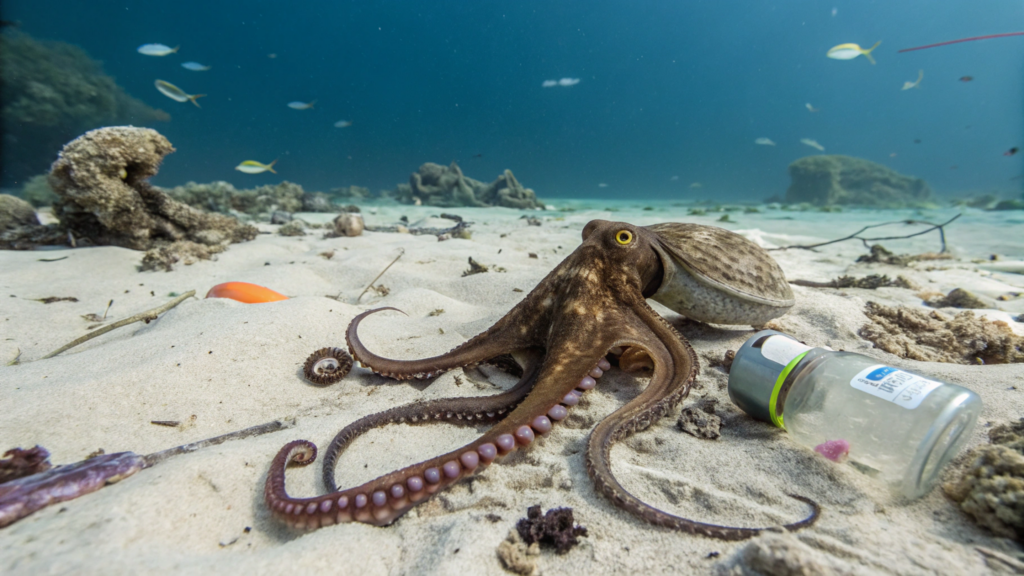 O polvo que usa lixo como ferramenta para sobreviver no fundo do mar
