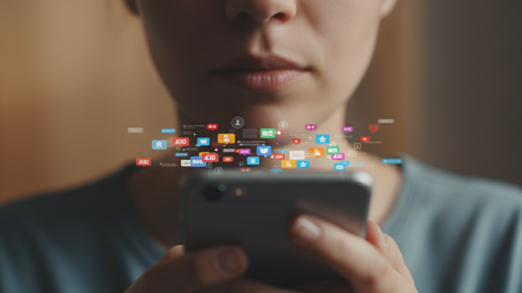 Um close-up artístico de uma boca fechada em uma linha reta e firme, enquanto as mãos do protagonista seguram um smartphone de forma deliberada, mas sem digitar, com um semblante de prudência e reflexão.
