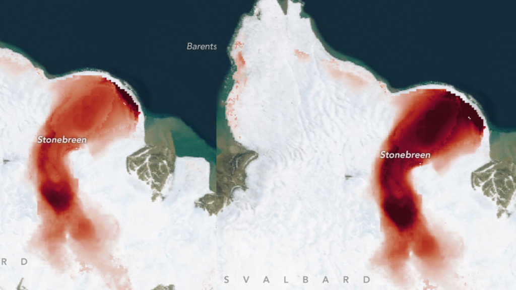 Imagem a esquerda mostra a geleira em Janeiro, com níveis de derretimento menores. A imagem da direita mostra a geleira em Setembro, quando os níveis atingiram seu pico -  Chad Greene, Alex Gardner, NASA/JPL, ITS_LIVE