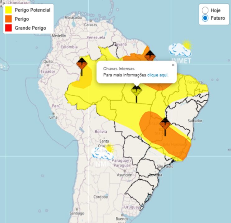 Alerta Inmet para chuvas intensas em grande parte do Brasil no sábado, 14