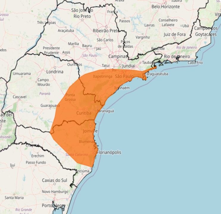 Alerta do Inmet de fortes chuvas para as regiões Sul e Sudeste na 3°feira, 31
