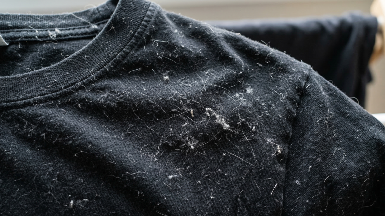 O acumulo de fiapos em suas camisetas pretas é comum