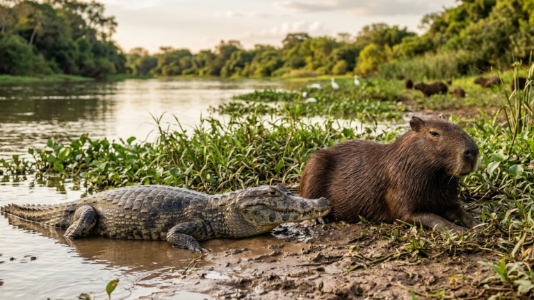 Capivaras e jacarés convivem de maneira pacífica