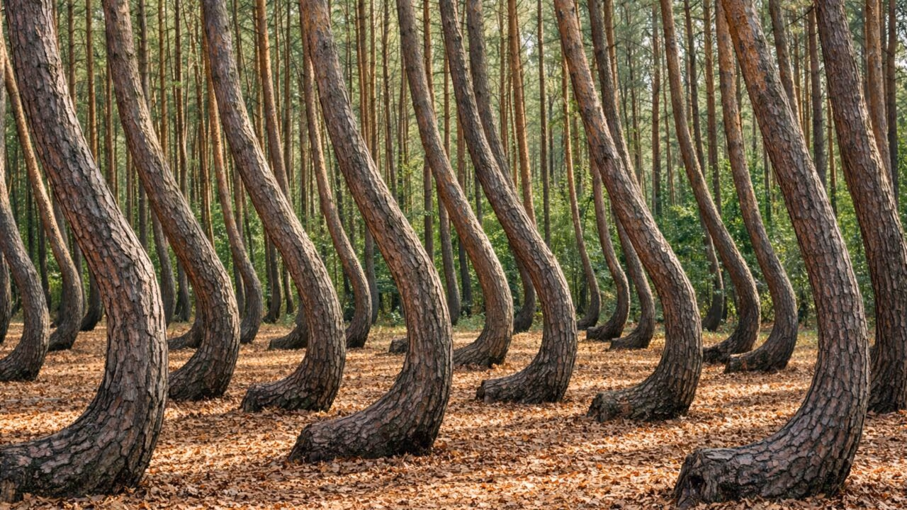Existe uma floresta das árvores tortas onde todas crescem inclinadas para o mesmo lado