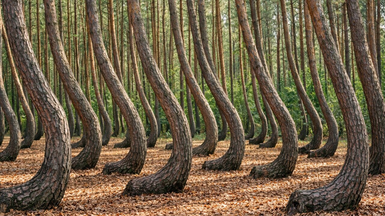 Existe uma floresta das árvores tortas onde todas crescem inclinadas para o mesmo lado