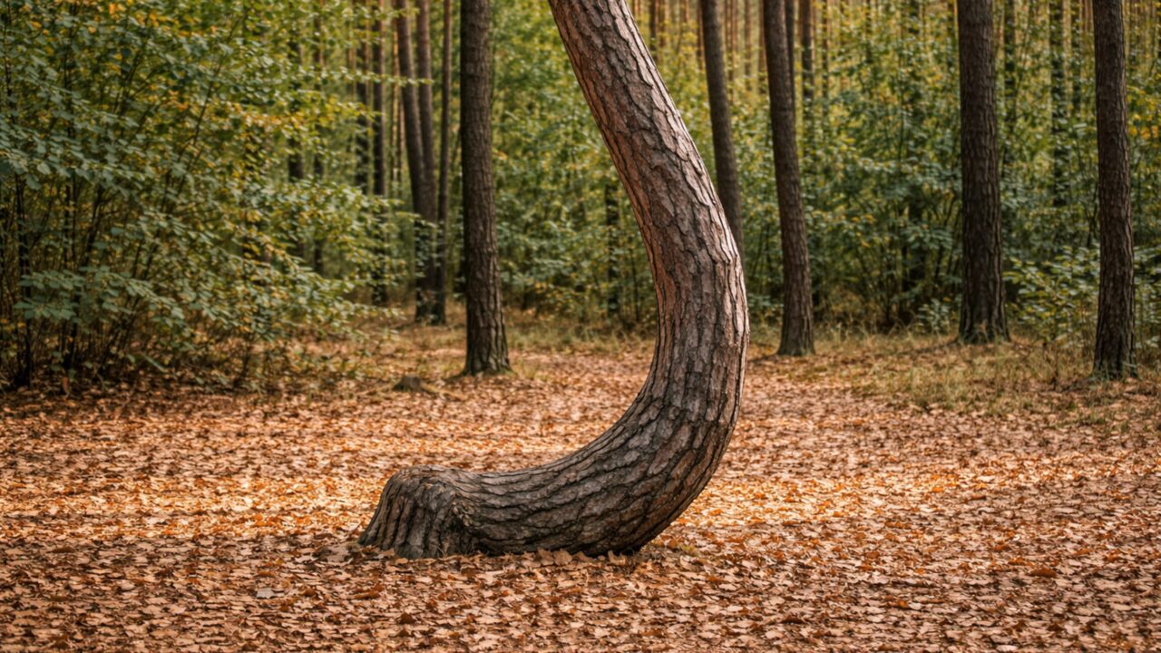 Existe uma floresta das árvores tortas onde todas crescem inclinadas para o mesmo lado