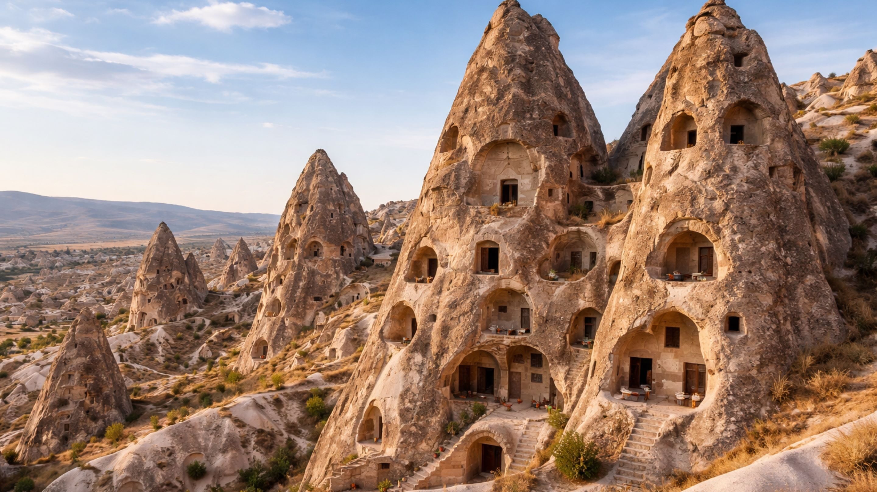 Uma vila onde todas as casas são construídas dentro de rochas gigantes