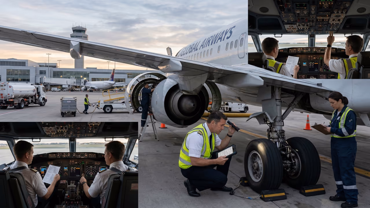 Como é feita a inspeção de um avião antes de cada voo
