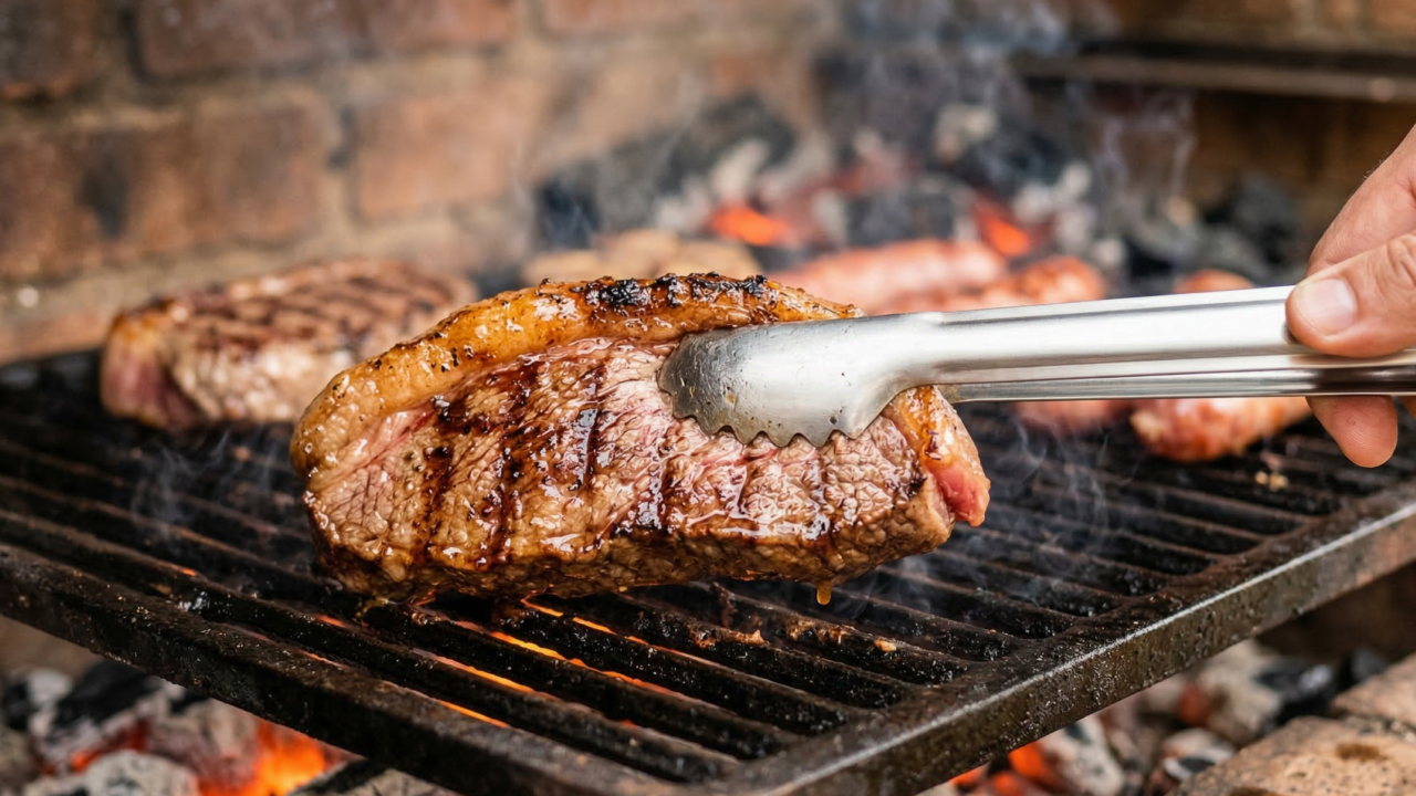 O pegador auxilia ao virar a carne sem deixar o suco dela escapar