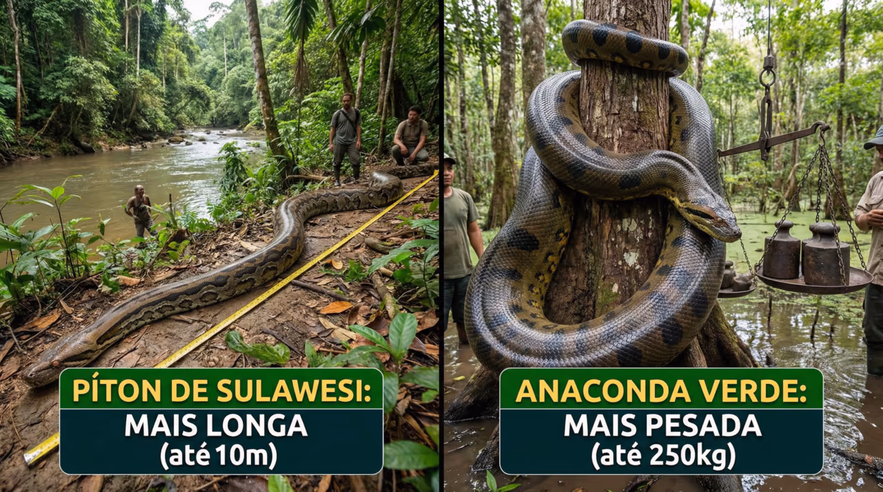 Comparação de duas cobras gigantes: a píton de Sulawesi é mais longa, mas a anaconda mais pesada
