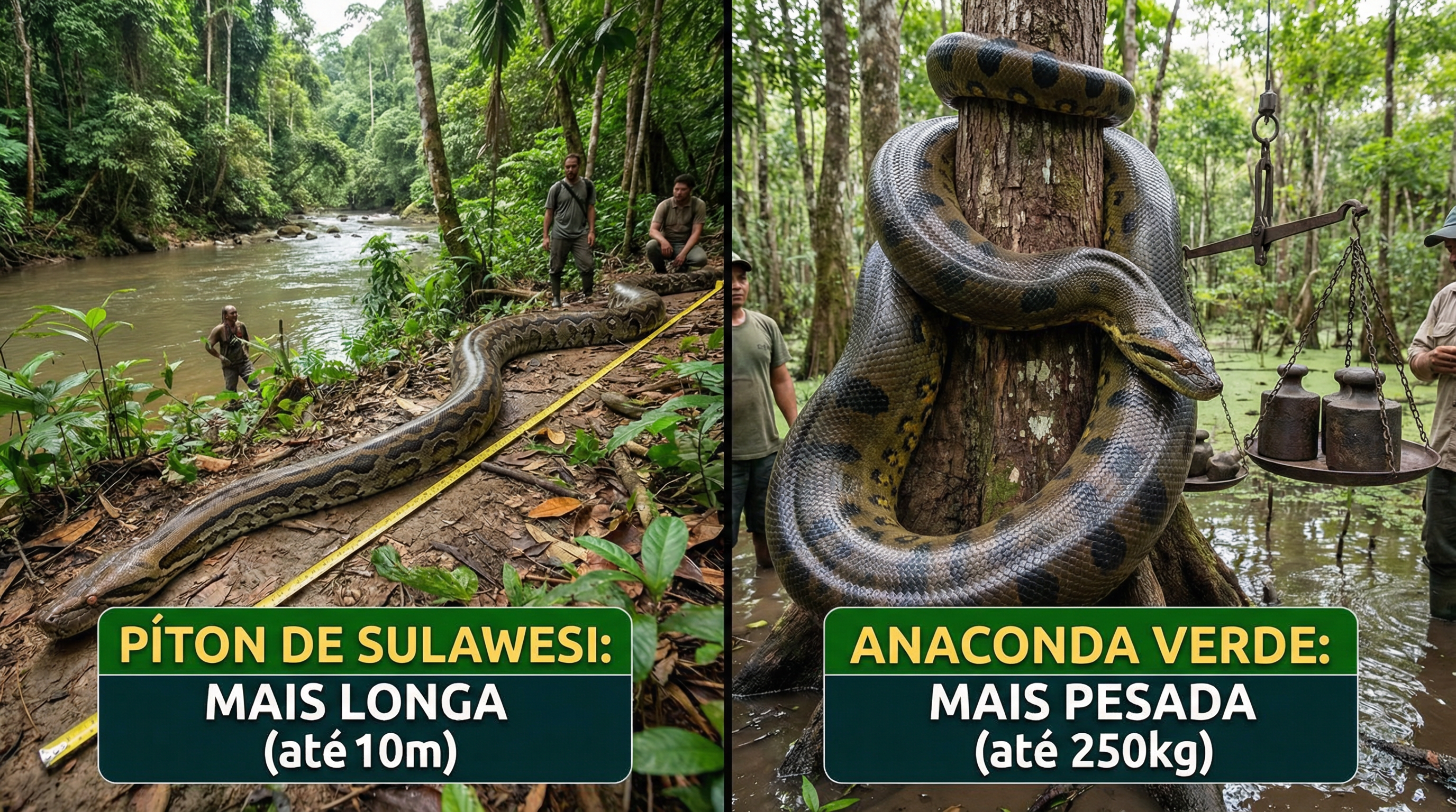 Comparação de duas cobras gigantes: a píton de Sulawesi é mais longa, mas a anaconda mais pesada