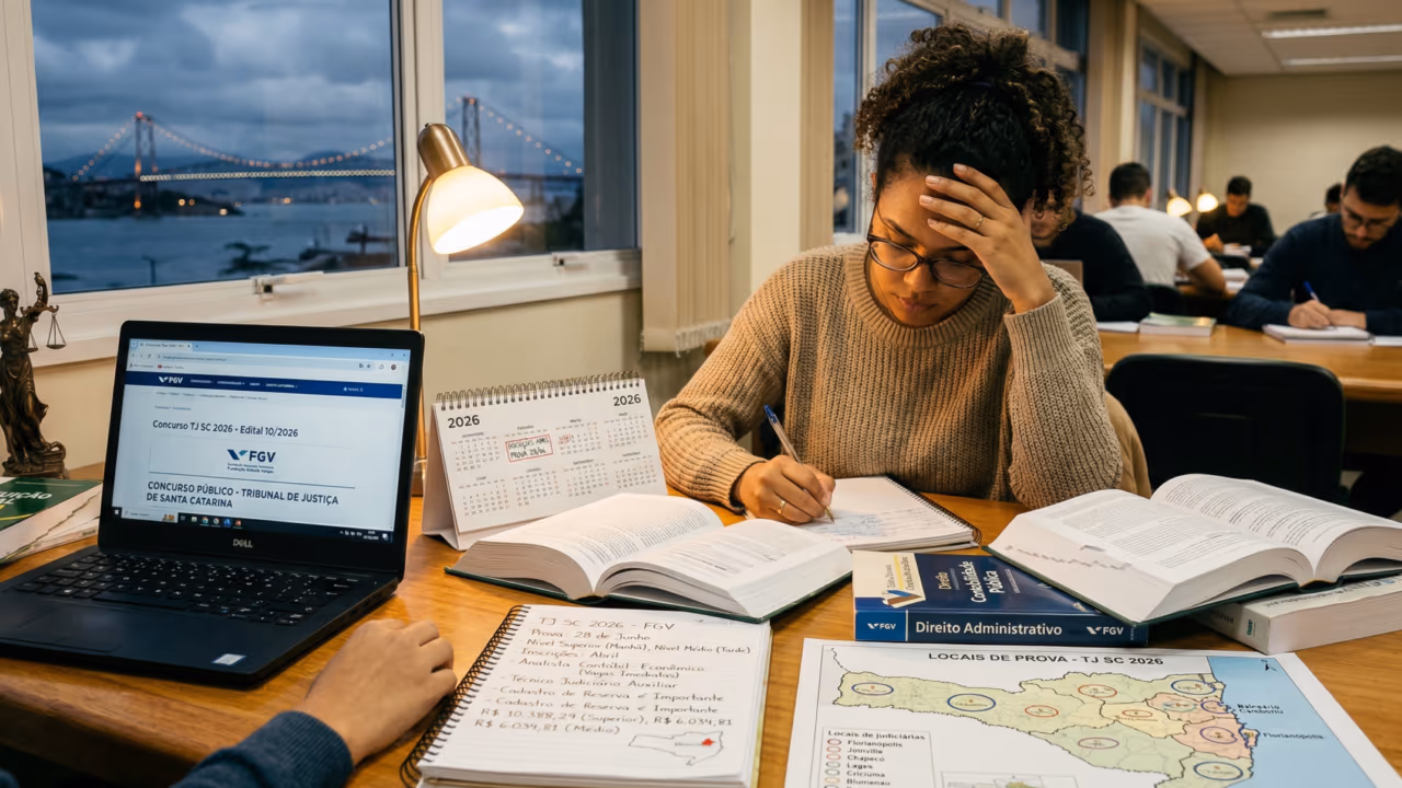 Concurso TJ SC 2026 chama atenção com salários altos, prova única e um detalhe que muita gente ignora