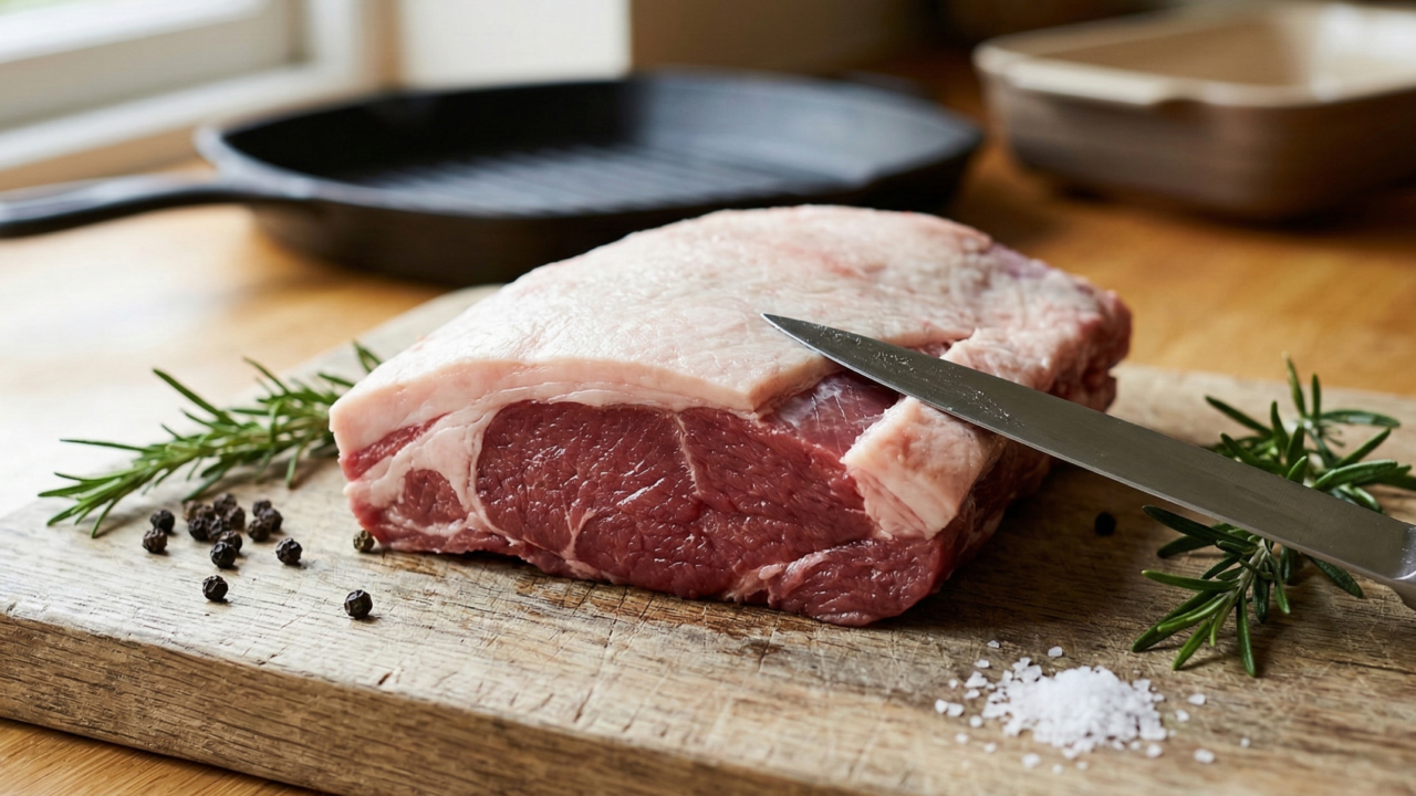 Apesar da grande capa de gordura presente nos corte de cordeiro, a carne em si tem pouca gordura entremeada, se assemelhando á cortes suínos