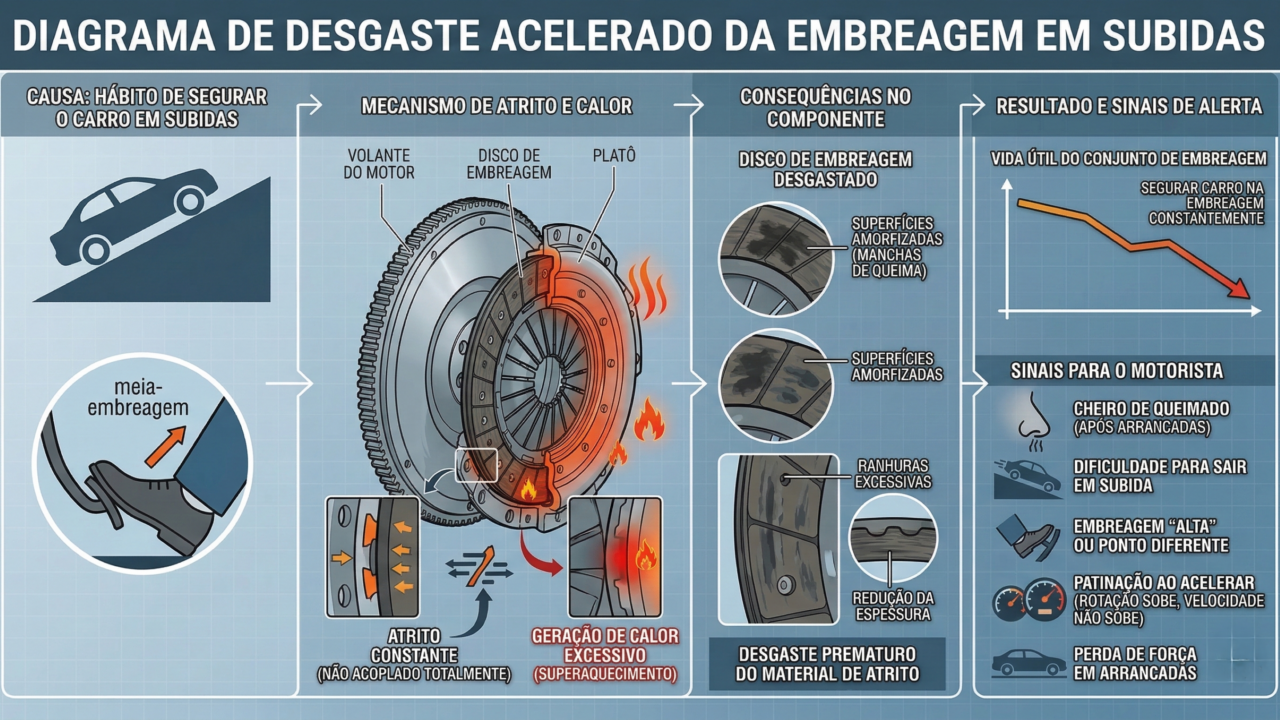 Diagrama mostra como esse hábito desgasta a sua embreagem de maneira desnecessária