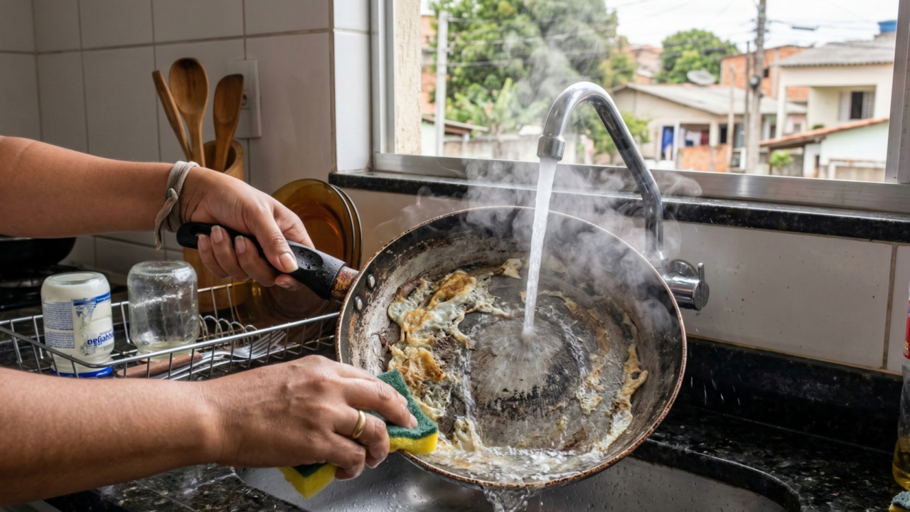 Lavar a frigideira com ela ainda quente gera choque térmico, podendo destruir a antiaderência da panela