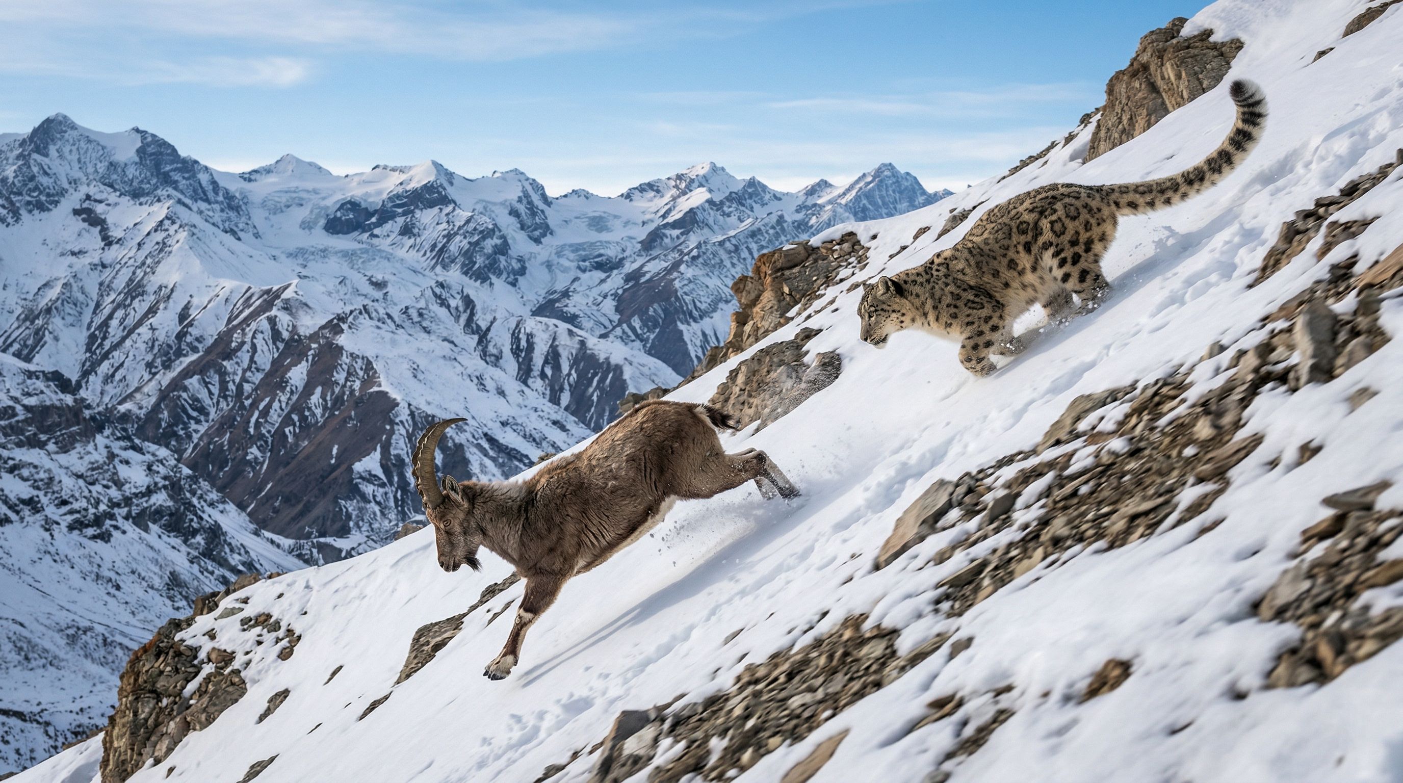 Íbex se dá bem e escapa das garras famintas de leopardo-das-neves