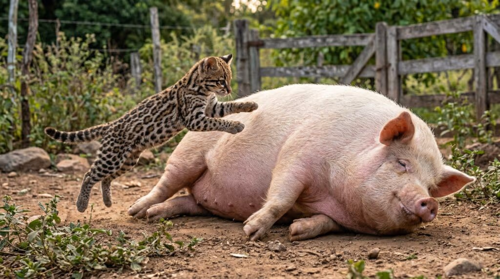 Ocelote tenta jantar porco, mas ele é obeso demais para se importar