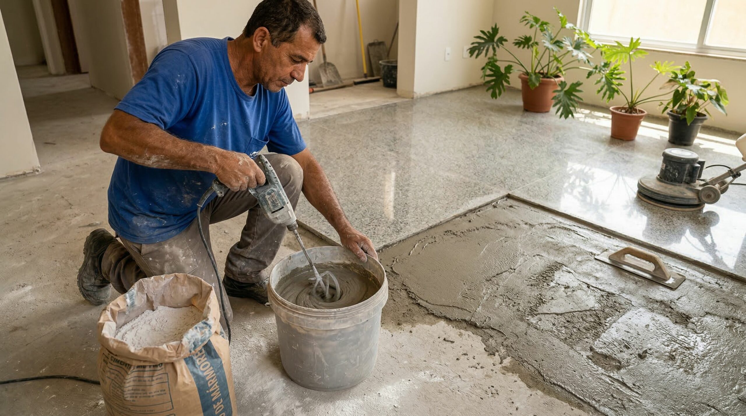 Misturar pó de mármore com cimento: a combinação que produz pisos decorativos e até vasos
