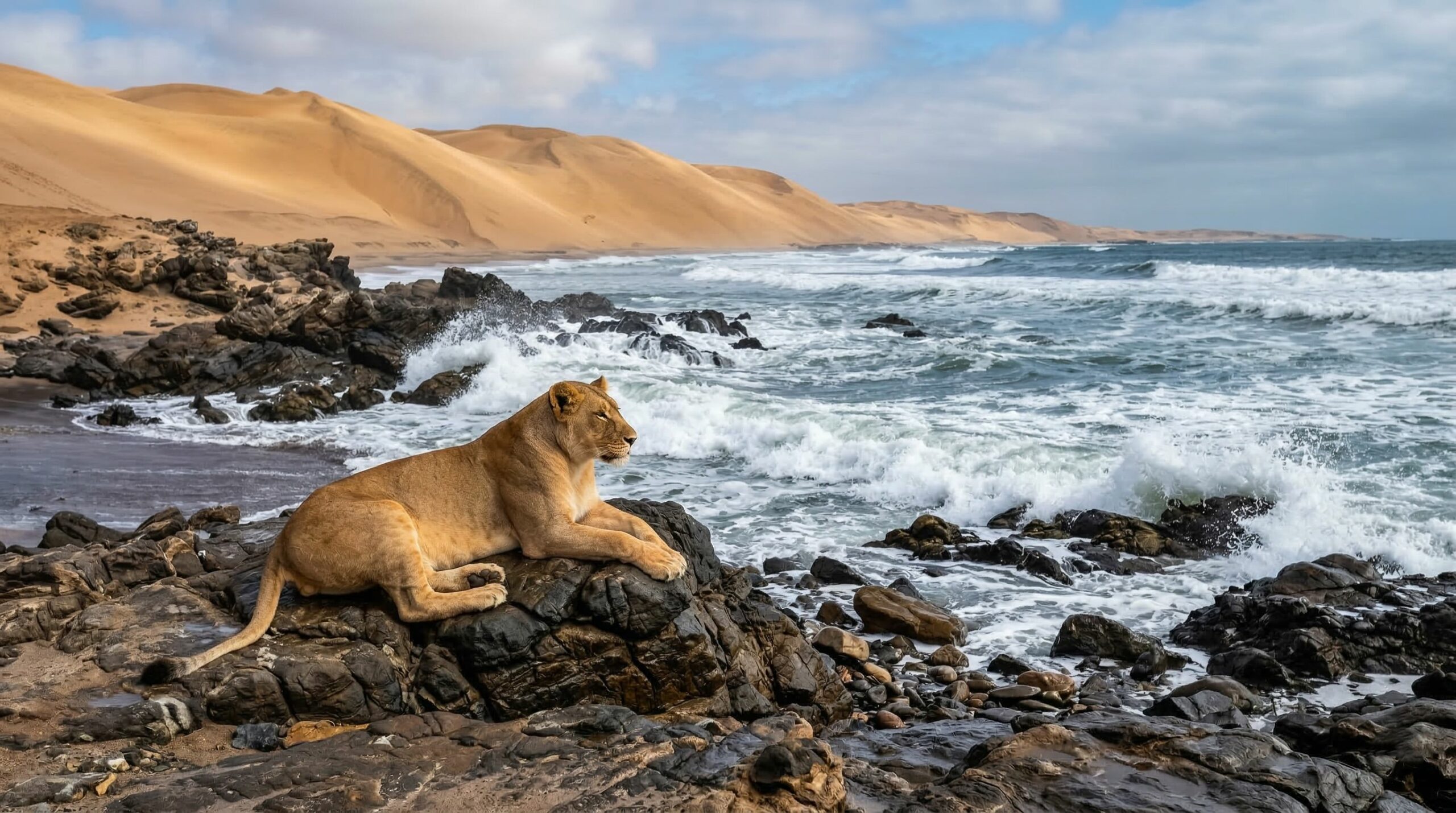Pouca gente imagina encontrar uma leoa descansando na praia, mas isso está acontecendo na Namíbia
