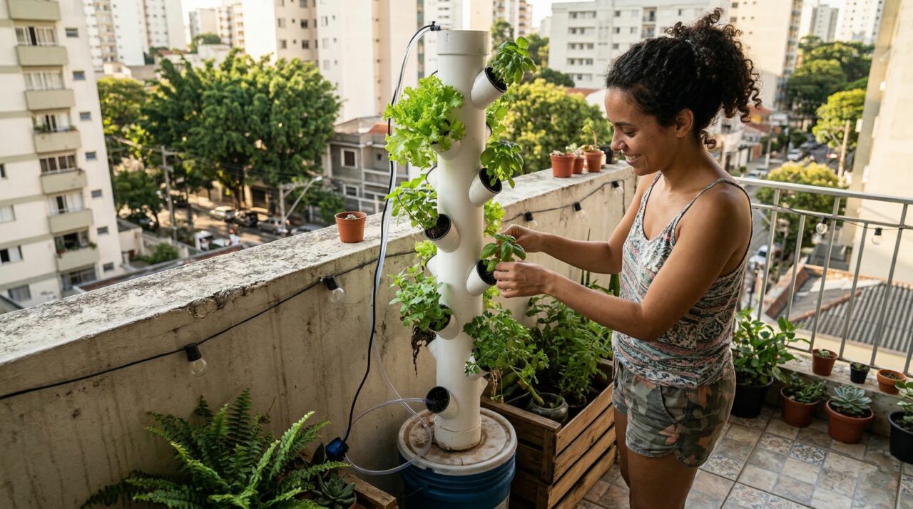 Torre hidropônica feita de tubo PVC cria horta vertical compacta que cabe em qualquer espaço