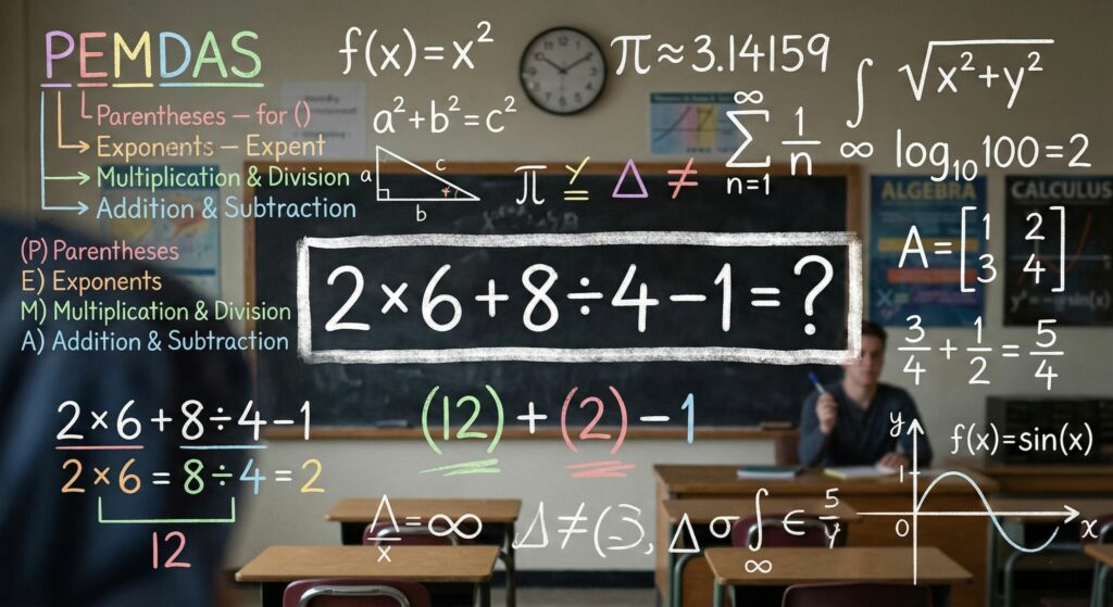 Consegue resolver 2 × 6 + 8 ÷ 4 – 1 sem calculadora?