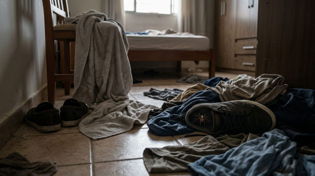 Como roupas e toalhas no chão podem aumentar o risco de aranhas e escorpiões dentro de casa?