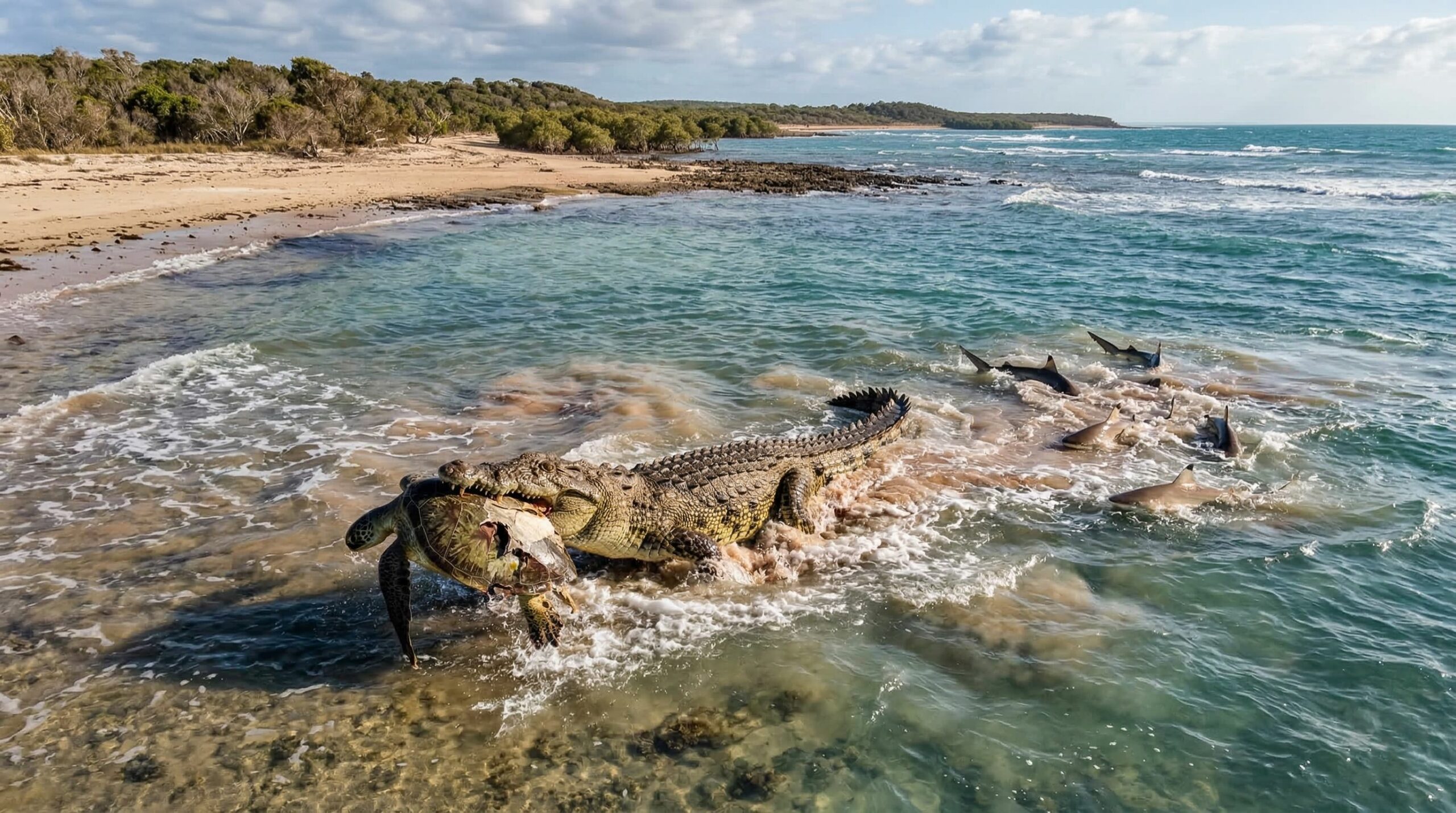 Drone flagra crocodilo marinho lanchando uma tartaruga e tubarões aparecem para tentar levar um pedaço
