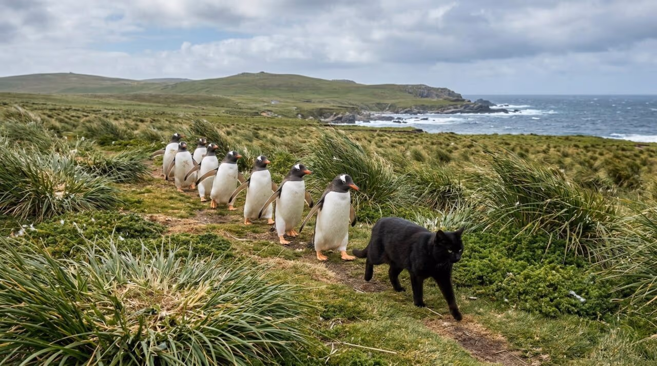 Pinguins seguem gato como se fosse guia nas Ilhas Malvinas e cena diverte