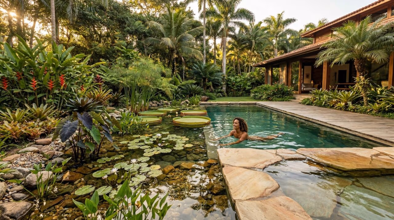 Piscinas naturais sem cloro criam refúgio no quintal ao usar plantas e microrganismos filtrantes