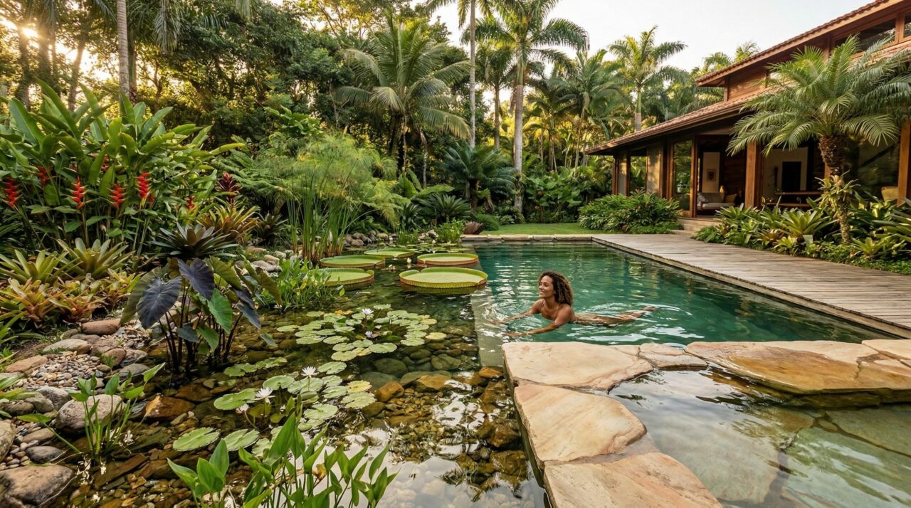 Piscinas naturais sem cloro criam refúgio no quintal ao usar plantas e microrganismos filtrantes