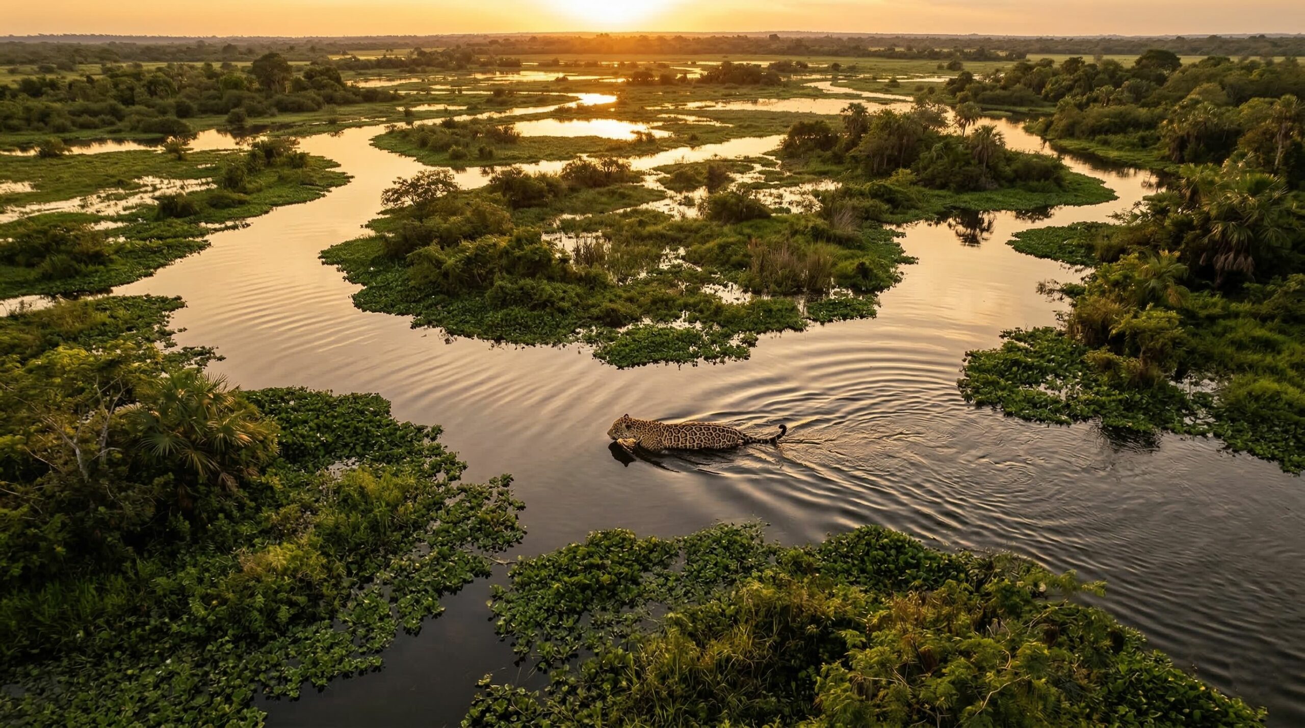 Drones capturam momento raro em que uma onça-pintada nada no Pantanal e mostra sua adaptação ao bioma alagado