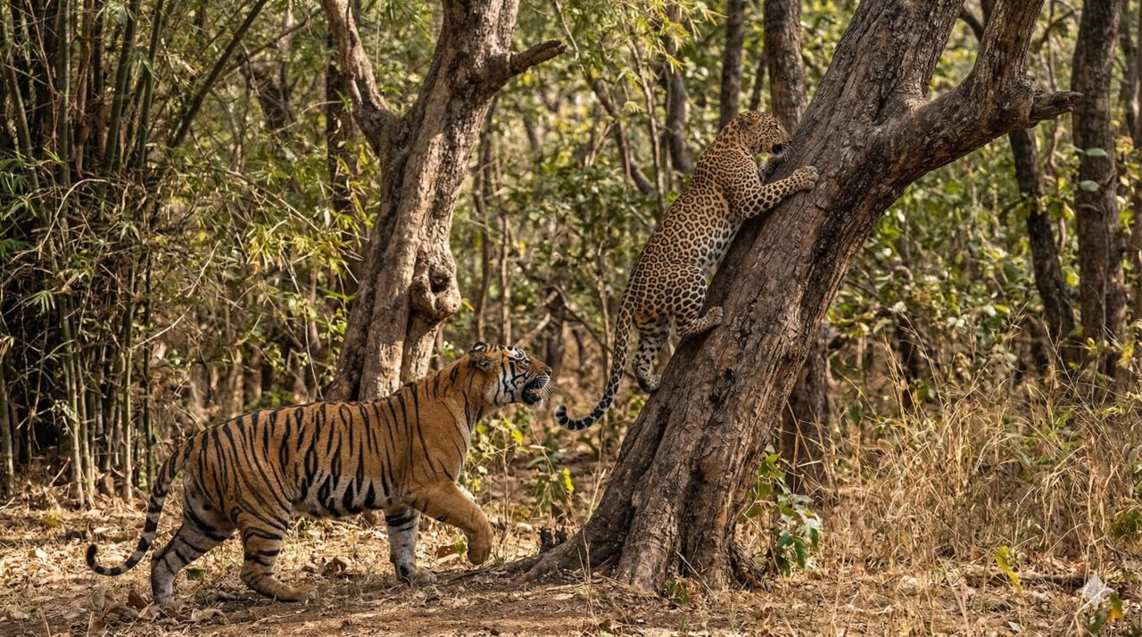 Leopardo sobe em árvore e escapa de virar lanche de tigre no último momento
