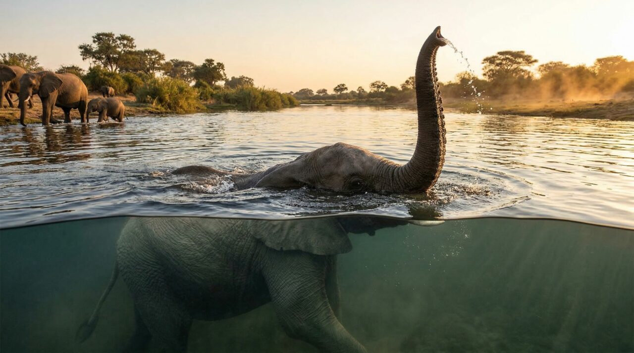 Elefantes usam a tromba como snorkel e surpreendem ao mergulhar na água