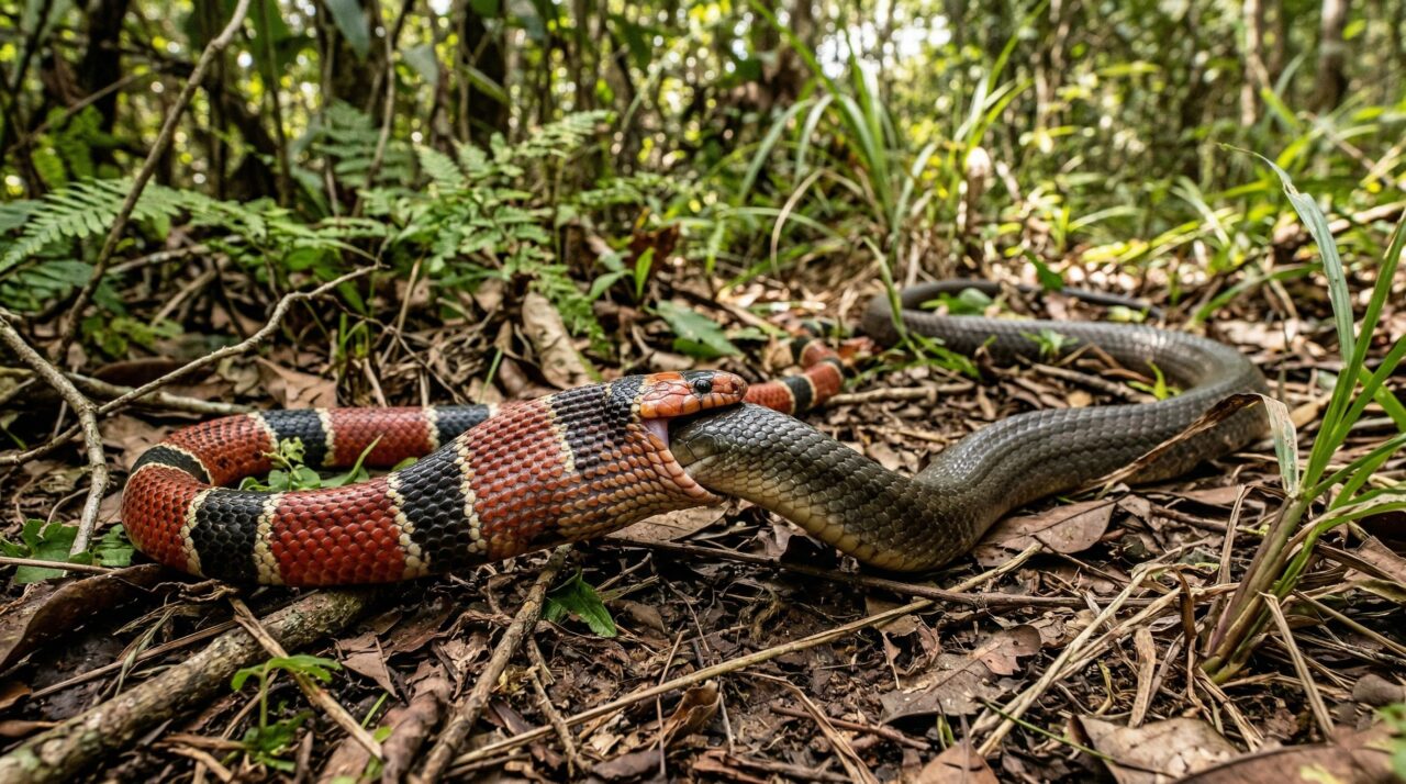 Cobra-coral morde serpente maior que ela no Mato Grosso e impressiona