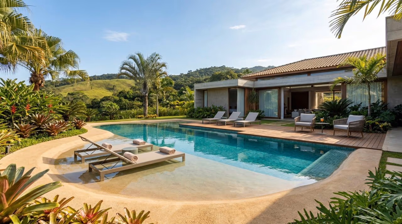 Piscina com efeito praia começa a substituir os azulejos tradicionais nos quintais brasileiros