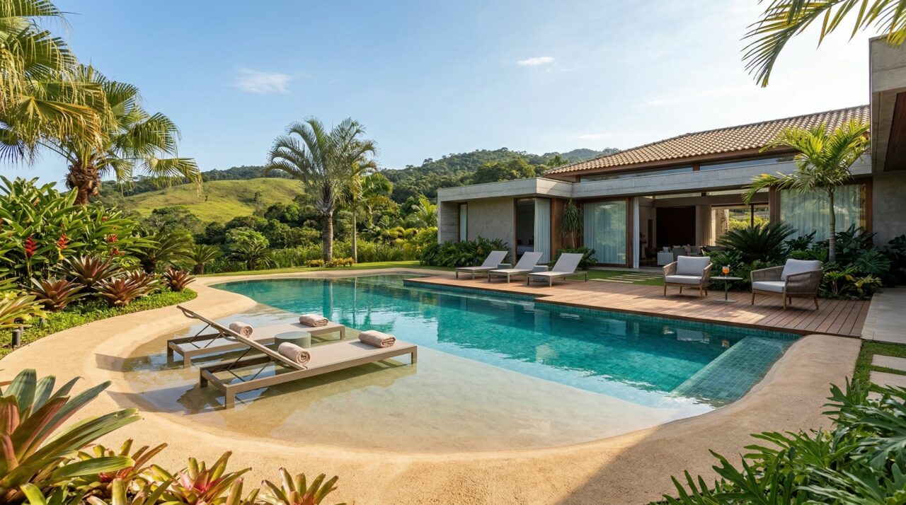 Piscina com efeito praia começa a substituir os azulejos tradicionais nos quintais brasileiros