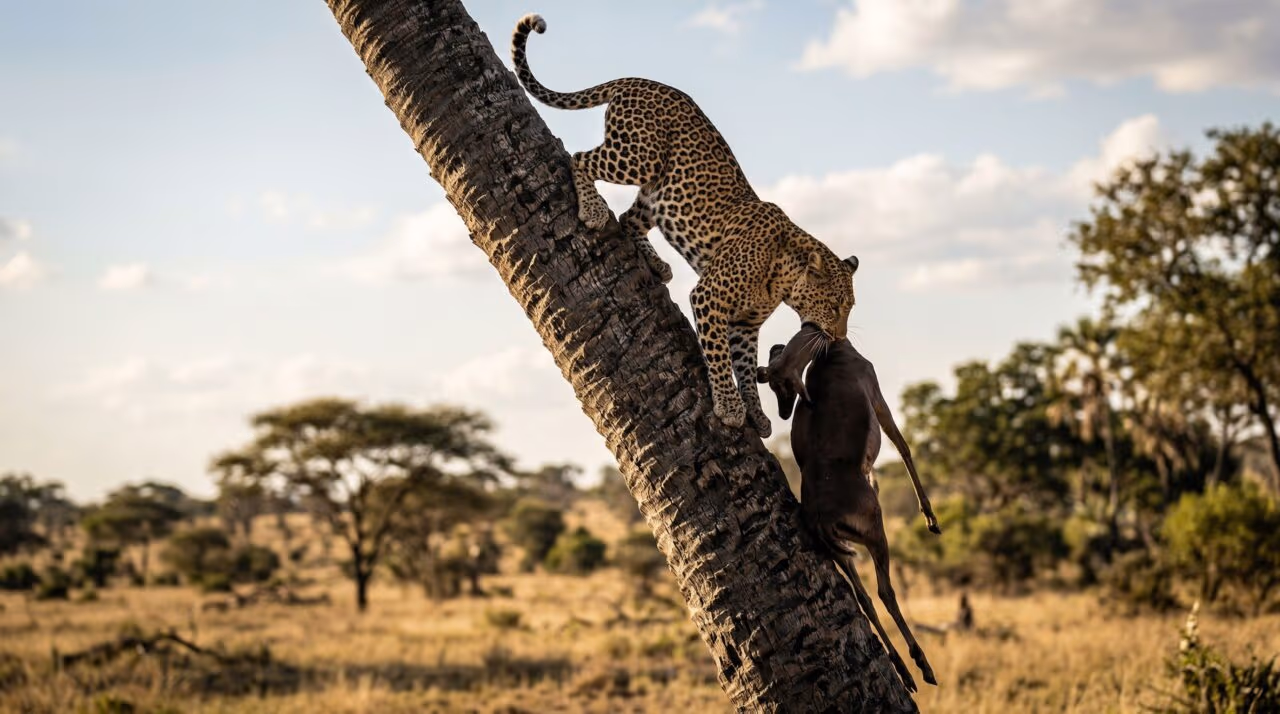 Leopardo desce árvore de quase 20 metros carregando presas 3 vezes maiores que ele