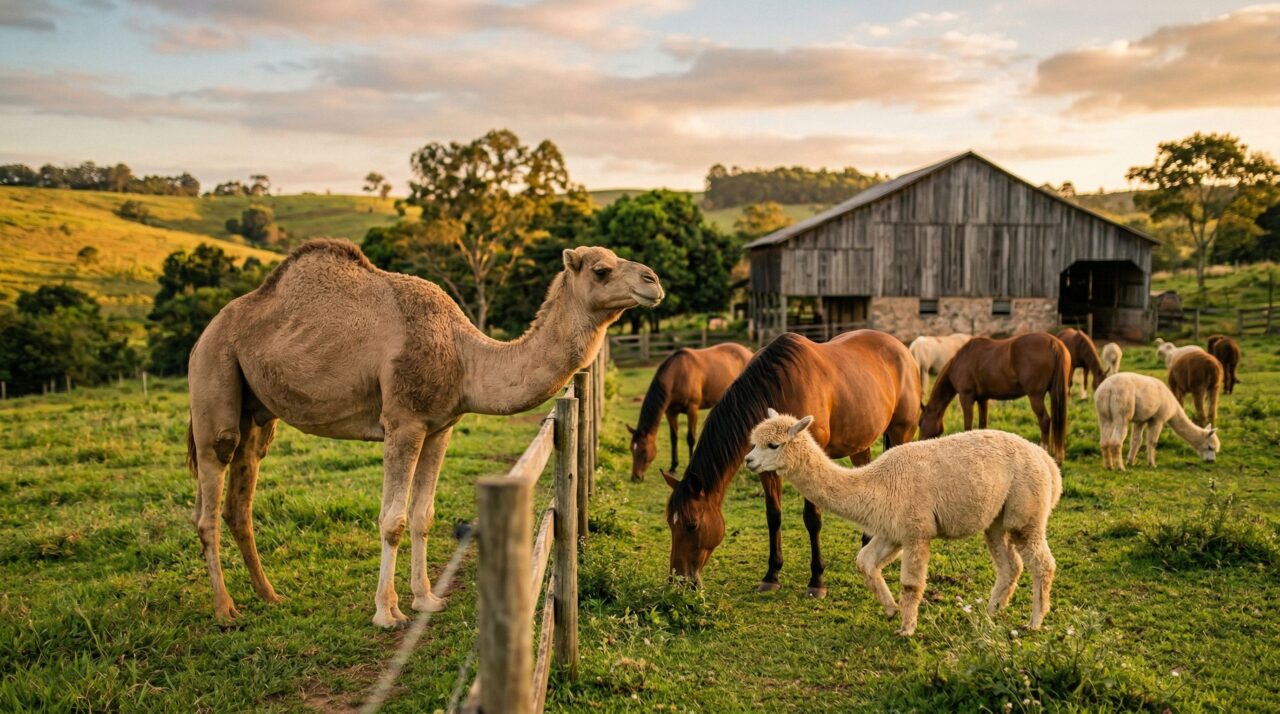 Camelo resgatado tem dificuldade para se enturmar com cavalos e alpacas e gera comoção nas redes