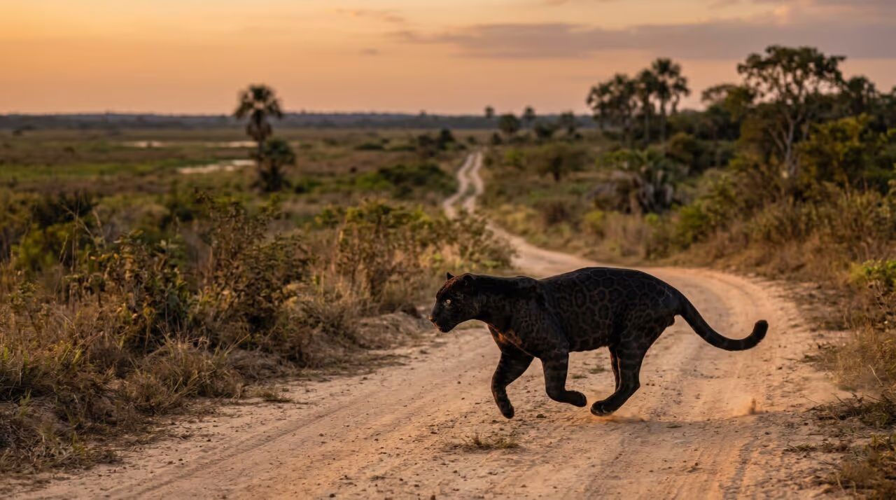 Onça-pintada rara é filmada correndo ao lado de carro em área rural