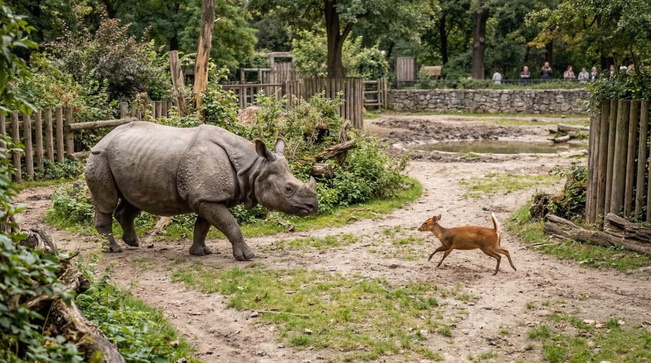 Veado de 13 kg encara e persegue rinoceronte de 1,7 tonelada e vídeo impressiona