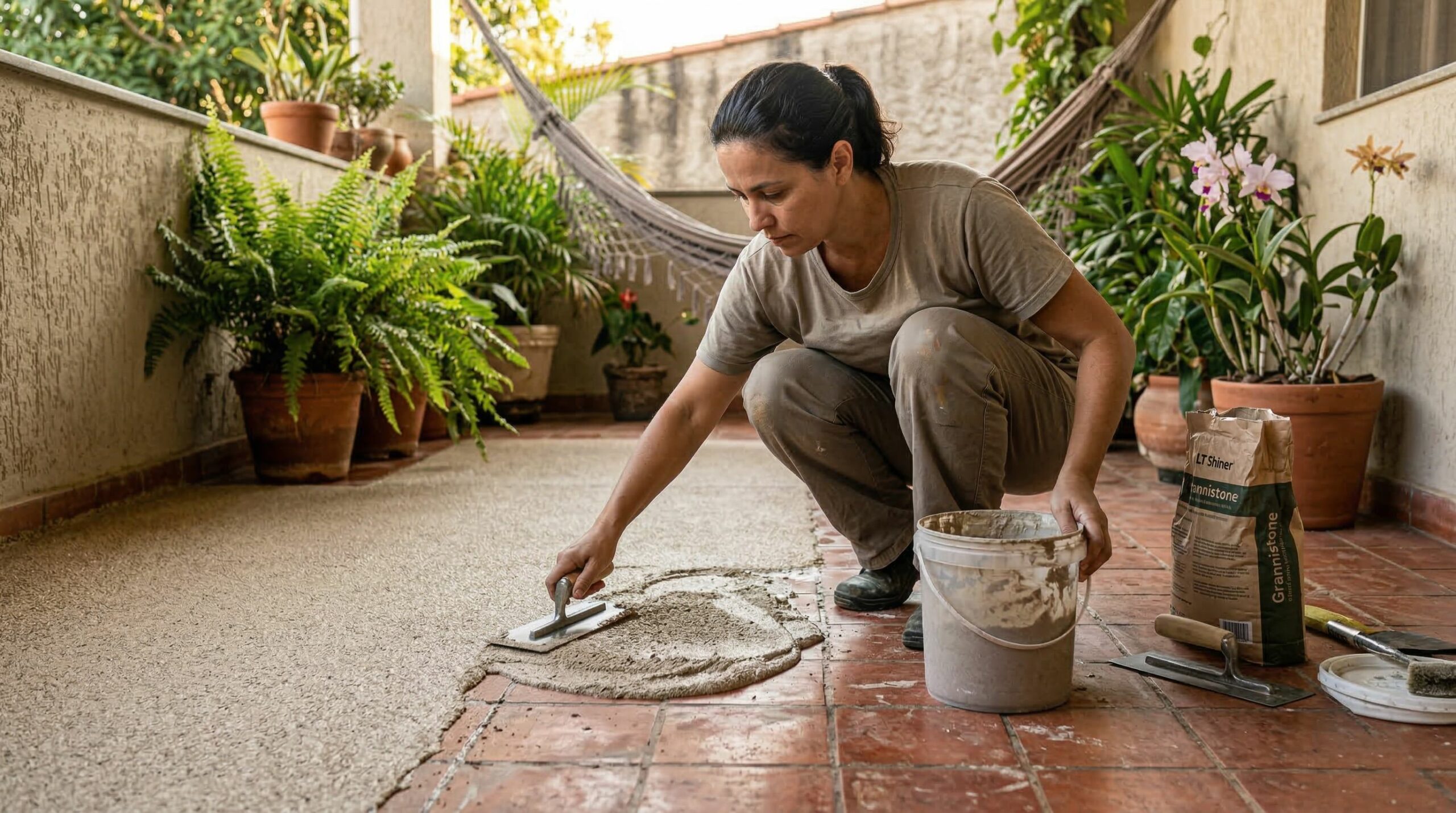 Um revestimento aplicado em uma única demão promete renovar pisos e paredes com aparência de pedra natural