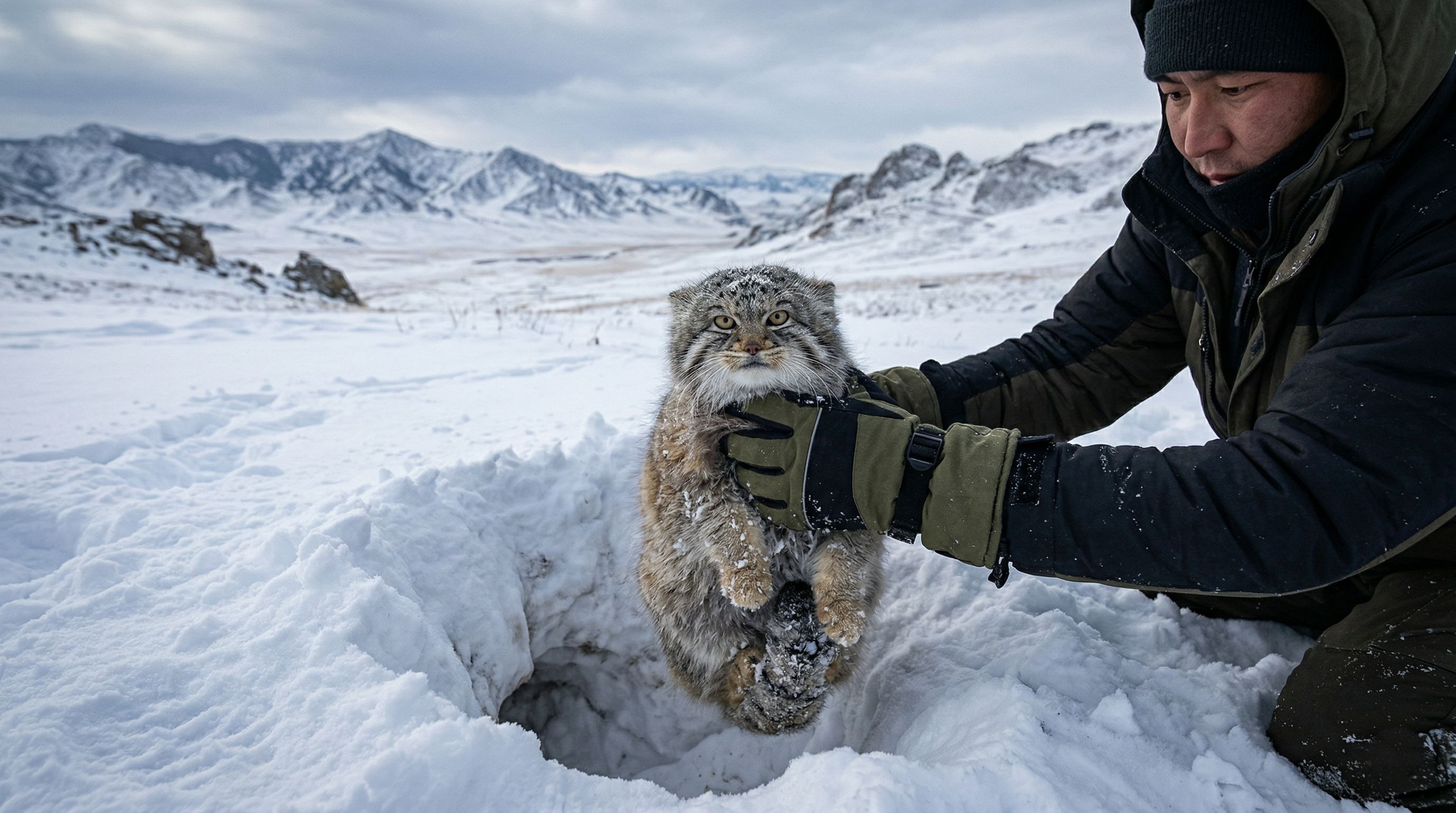 Felino quase invisível nas neves e resistente a frio extremo é resgatado de buraco